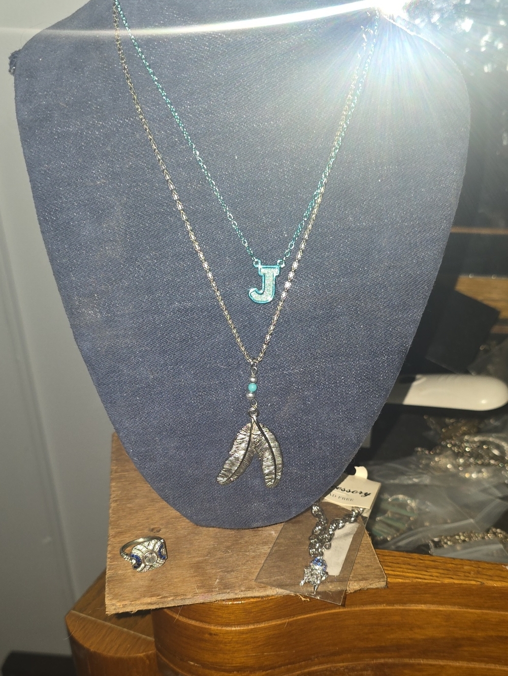 Layered Silver Feather and Initial 'J' Necklace - Blue Accents